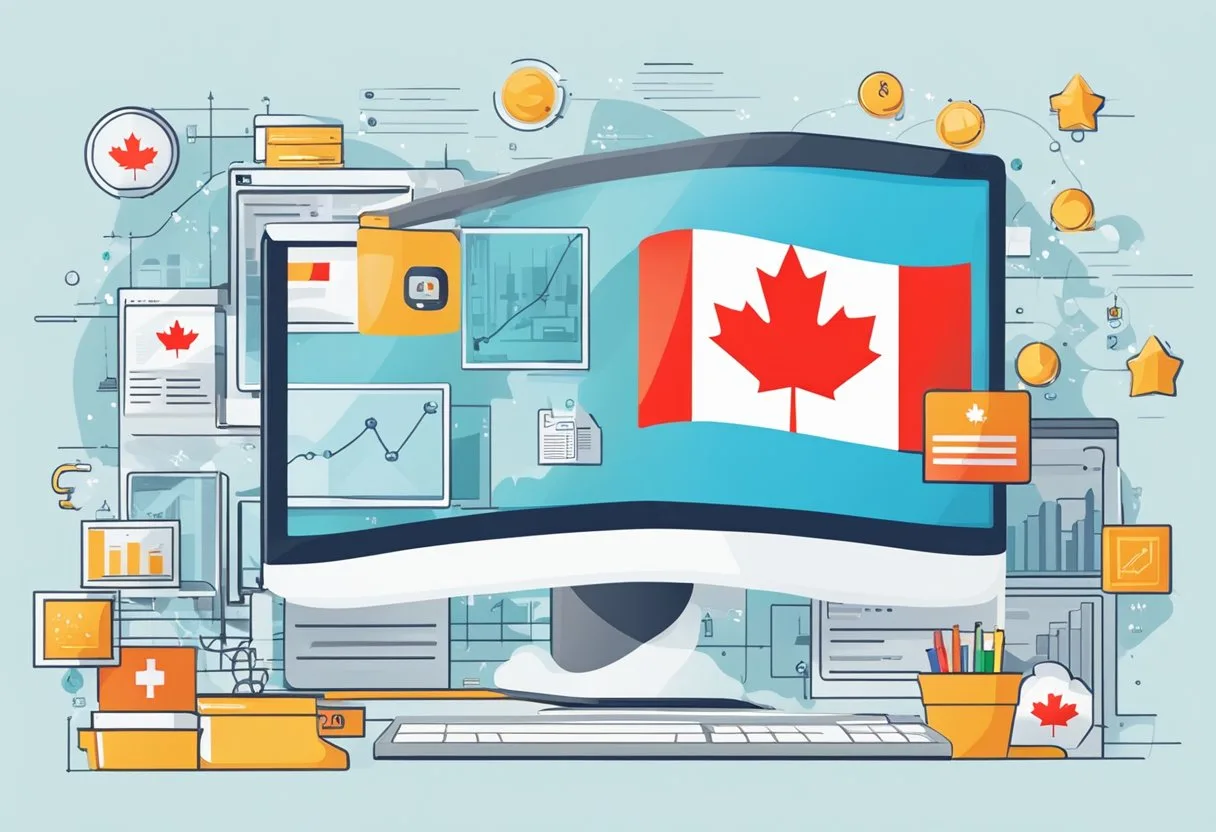 Website Development in Canada 7 A computer screen displaying a website with a Canadian flag in the background, surrounded by icons representing digital solutions and economic growth