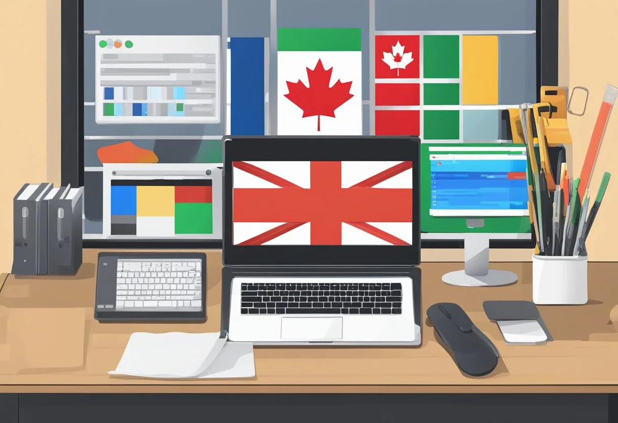 Website Development in Canada 2 A computer with multiple open tabs, code editor, and web development tools on a desk with a Canadian flag in the background