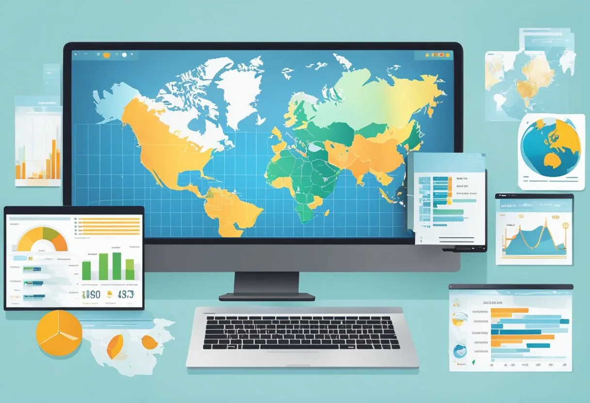 Website Development in Canada 6 A computer screen with a website displaying data analytics charts and graphs, with a map of Canada in the background