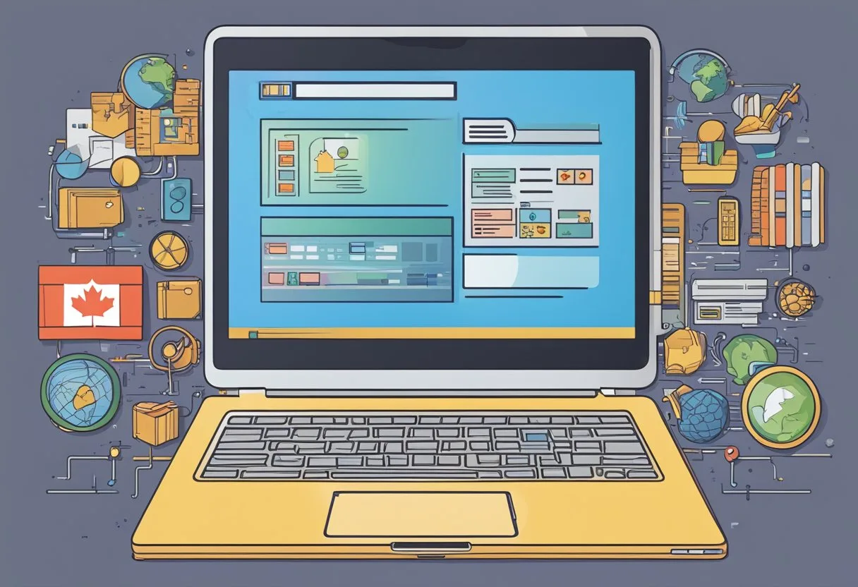 Website Development in Canada 5 A laptop with coding software open, surrounded by Canadian symbols and imagery