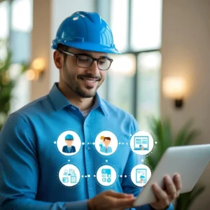 Home 4 upgrade digitals ai solutions with a construction worker holding a laptop