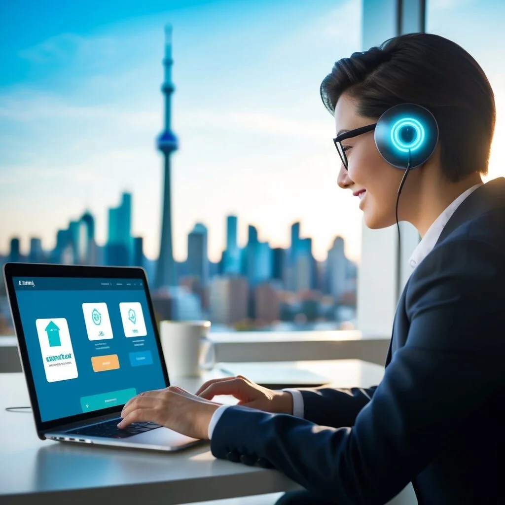 upgrade digitals ai chatbot person on a laptop with cn tower in background